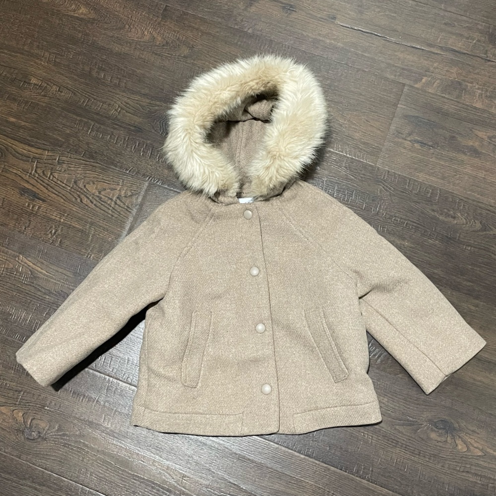 NWT Zara Girls Tan Pea Coat with Faux Fur Hood Trim